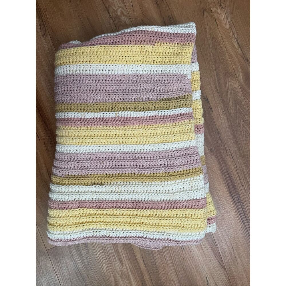 Handmade Cotton Girls Crochet Baby Blanket Yellow Pink and White